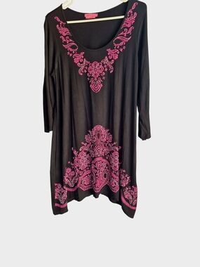 Black Tunic Dress with Pink Embroidered Detail